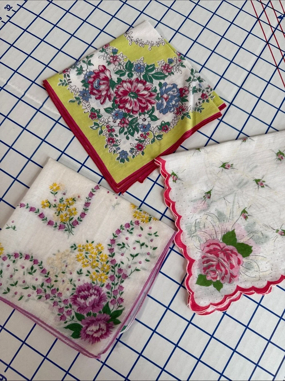 Lot of 3 Vintage Floral Cotton Handkerchiefs Pink Roses Cottagecore